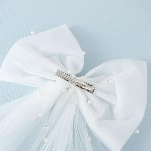 JAKAWIN Bride Wedding Bow Knot Veil White Tulle Hair Clip Bridal Pearl Short Veils Hair Piece Bachelorette Party Hair Accessories for Women FJ04