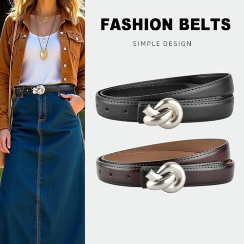 0.9" Adjustable Skinny Belts for Women, Fashion Leather Thin Knot Buckle Waistband for Dress Jeans Pants2