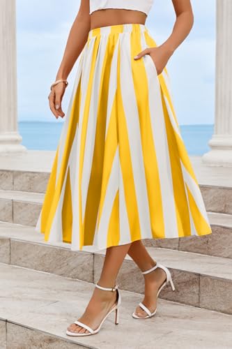 Image of Cicy Bell Womens Summer Striped Maxi Skirts A-Line Beach Vacation Outfits | Elastic Waist, Side Pockets, Flowy, Midi Length, Color Contrast, Trendy Casual