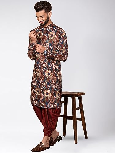 Image of KISAH Men's Kurta Dhoti Set, Multi Cotton Blend, Printed Regular Fit Mandarin Collar Long Sleeves