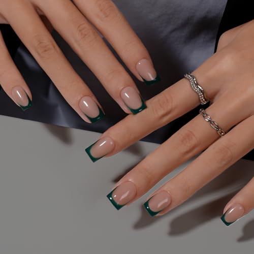 KQueenest Dark Green French Tip Press On Nails Short Square, 30 Pcs Acrylic Press On Nails With Glue, Natural Nude Short Fake Nails Press ons, Reusable Soft Gel Glue on Nails for Women Fall Winter