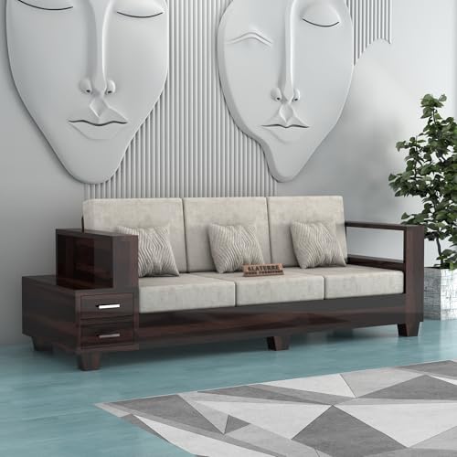 Image of Sheesham Wooden 3 Seater Sofa for Living Room | Solid Wood Sofa with Side Box Storage & Cushion | Rosewood Sofa Set for Home & Office | Lounge (Walnut, 3 Seater)
