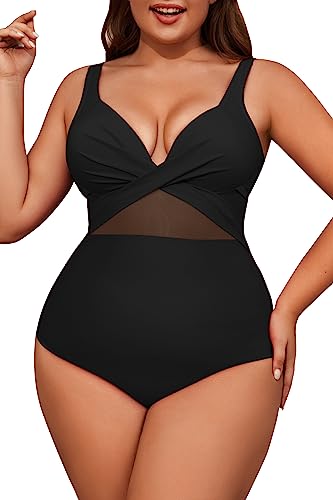 Beotyshow Dam stora storlekar överdimensionerade plus size baddräkt, V-ringad volanger ärmar mesh sheer ett stycke badkläder baddräkt, svart, 4XL