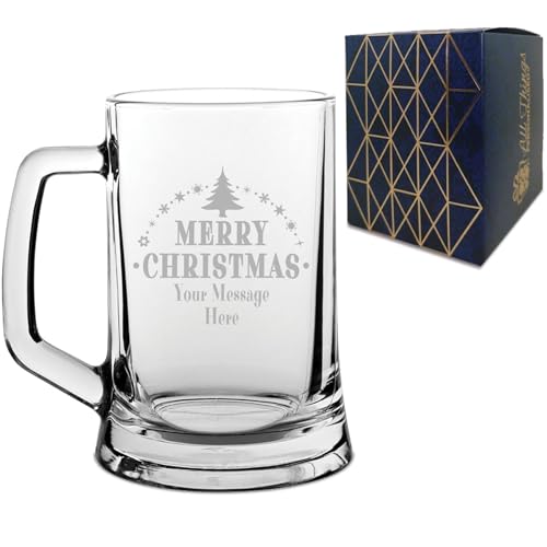 Personalised Engraved Novelty Christmas Beer Mug Tankard Stein with Merry Christmas Tree Design, Customise with Any Name or Message, Gift Box Included, Laser Engraved