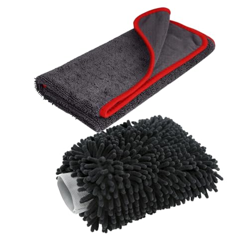 Image of Auto Hub Microfiber Car Cleaning Cloth and Wash Mitt Kit - Includes Ultra Soft 600 GSM Extra Large (60x40 CM) Microfiber Cloth for Car and Dual Sided Chenille Microfiber Wash Mitt 1700 GSM