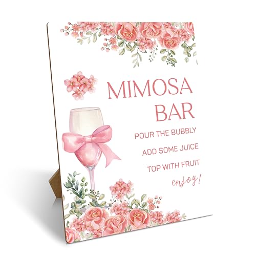 Mimosa Bar Sign, Champagne Bridal Shower Mimosa Bar Supplies, Blush Pink Floral Wedding Bar Decor With Stand, Wooden Tabletop Sign For Engagement Birthday Baby Shower Christmas Party, 08