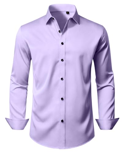 DEMEANOR Lavender Shirt Men Long Sleeve Wrinkle Free Stretch Dress Shirts Wedding Prom Dating Button Down Tops XL