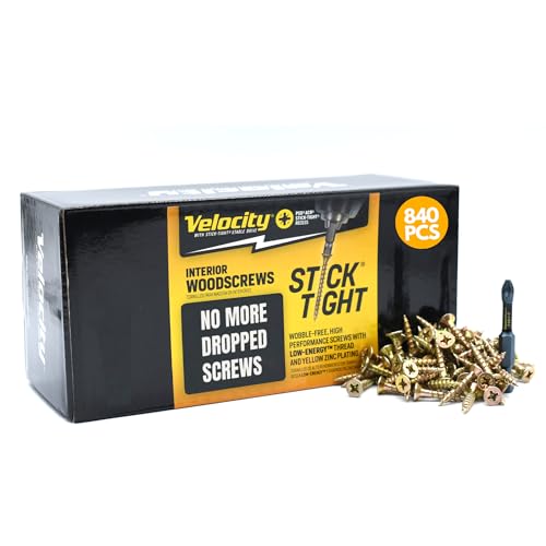 Image of Velocity Interior 1 Inch Wood Screws Contractor Pack (Size #8, 840 Pcs) - Self Tapping Screws with Phillips Bits, Stick Tight Technology, Carbon Steel with Zinc Plating, Durable Storage Organizer