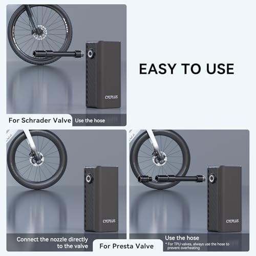 CYCPLUS A3 Mini Electric Bike Pump, 120 PSI Electric Air Pump with Presta and Schrader Valve，Auto Shut-Off Tire Pump for Road Bikes, MTB, E-Bikes and Motorcycle — view 6