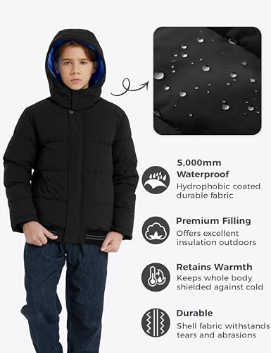 wantdo Puffer Coat for Boys Thicken Winter Jacket Waterproof Snow Coat with Hood Black 8