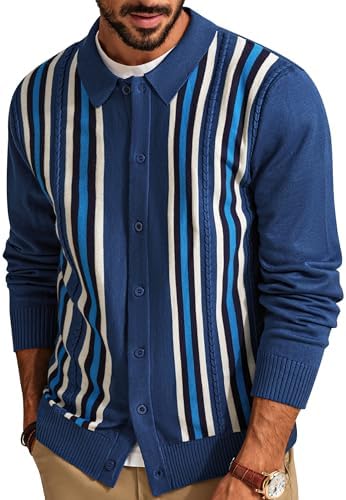 PJ PAUL JONES Mens Vintage Striped Knit Polo Shirt Long Sleeve Bu...