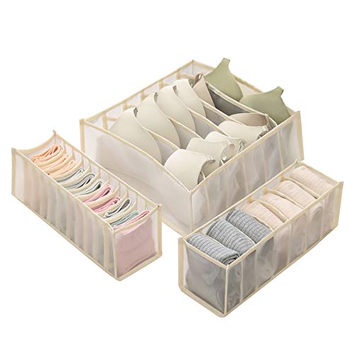 Underwear Drawer Organizer - Underwear Storage Divider Boxes -Dresser Drawer Organizers for Underwear, Socks, Bras, Stockings, Scarves Ties 3Pcs/Set Includes 6/7/11 Compartments (Beige)