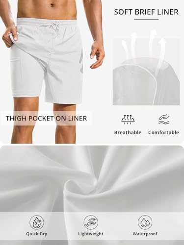 INCERUN Mens Swim Trunks with Compression Linner Waterproof Swim Shorts with Zipper Pocket Quick Dry Board Shorts White Large — view 4