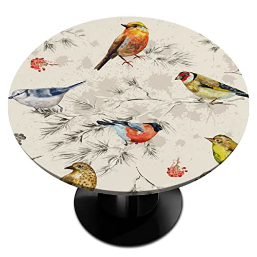 Pardick Round Fitted Tablecloth Cute Bird Tree Table Cover With Elastic Edge For Round Table, Oil-Proof Waterproof Wipeable Table Linen, Fits Tables Up To 45" - 56" Diameter #TOP8