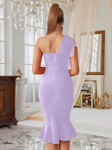 Image of Mesh One Shoulder Bow Midi Dress Fishtail Bandage Cocktail Party Wedding Bridesmaid Evening Gown
