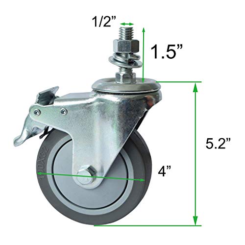 Aagut 4 Inch Brake Stem Casters 1/2"-13X1-1/2", Swivel Stem Caster, Grey Wheel Industrial Castors Heavy Duty Replacement For Carts Set Of 4 #TOP1