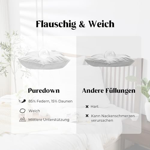 Daunenkissen Puredown 2er Set, Kopfkissen 80x80cm mit 1000g Füllung