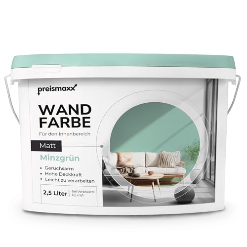 Preismaxx Profiweiß Wandfarbe grün 2,5L, hohe Deckkraft, Dispersionsfarbe innen, Innenwandfarbe Raumfarbe minzgrün deckend, Deckkraftklasse 2, matt Innenfarbe Profi Qualität