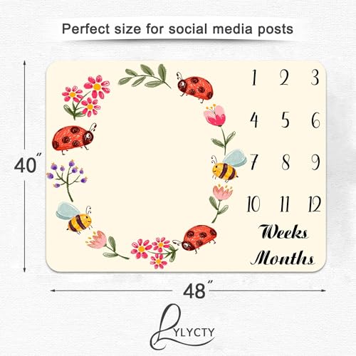 Image of Cartoon Insect Baby Age Blanket, Red Seven Star Ladybug Bee Floral Insect Newborn Photo Baby Monthly Milestone Blanket Growth Chart Baby Memory Blanket, 48x40 Inches BTLSLY895