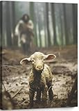 Palette Dreams Wrapped Canvas Christian Wall Decor, Framed Jesus Artwork, Jesus Chasing Lost Lamb Painting Print, Christian God Saves Lamb Room Decor for Living Room or Prayer Room 16' x 12'