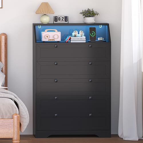 Wodeer Black Dresser Tall 5 Drawer Dresser for Bedroom, Wood Chest of Drawers with LED Lights,...