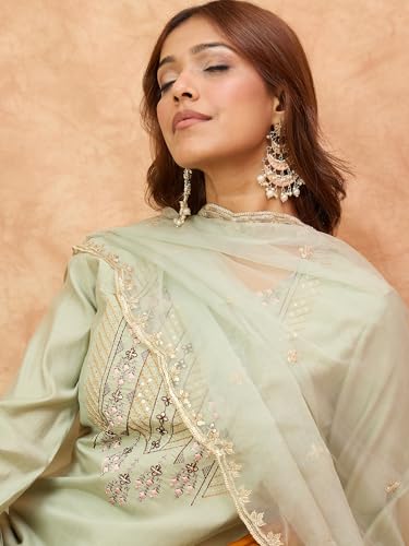 Image of Varanga Women -Thread & Sequin Embroidered Yoke Kurta With Trouser & Scallop Dupatta