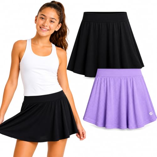 RBX Girls Skorts - 2 Pack Athletic Performance Playwear Pull-On Mesh Shorts Skirts for Girls with Elastic Waistband Size 10-12 Lilac Breeze/Black