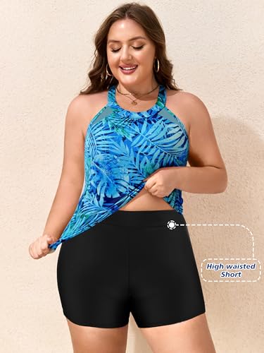 Women Plus Size Tankini Swimsuits with Shorts Tummy Control Two Piece Blouson Bathing Suits High Neck Swimwear2
