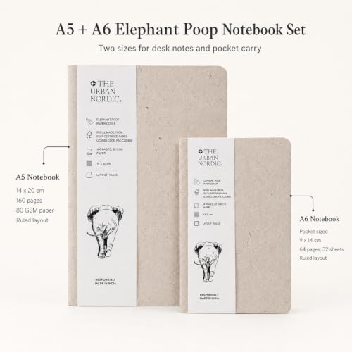 Image of I Set of 2- Large (160 Pages) and Mini (64 Pages) Size Elephant Poop Paper Cover Notebook Pack I 80 GSM Ruled Pages- FSC Certified Eco-Friendly I Gifts for Him Her