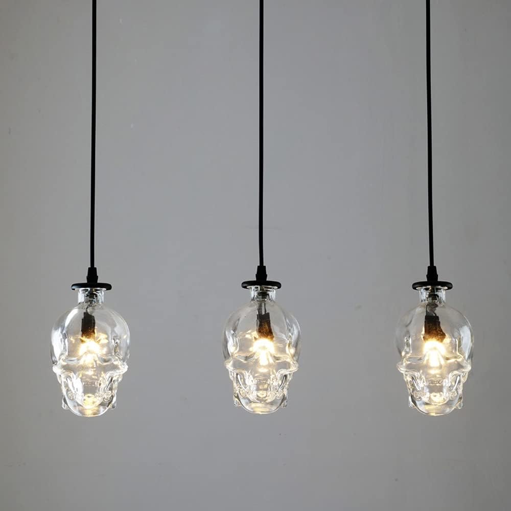 7W LED Industrial Pendant Light Fixture Glass Skull Hanging Lamp Retro Ceiling Lighting E14 Bulb Adjustable Cord Indoor for Bedroom Sore Living Room Warm White
