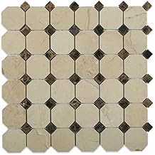 Tenedos Crema Marfil 2 Inch Octagon Pattern with Dark Emperador Dots Marble Tile Mosaics for Floor and Wall, Bathroom and Kitchen Walls, Backsplashes - 5 Sheet Set - 5 Sqft