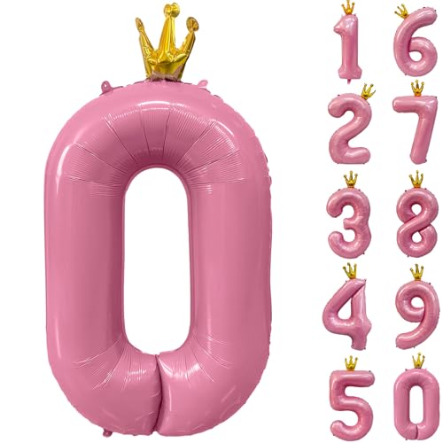 40 inch Pink Number 0 Balloon with Crown, Pink Crown Balloons 0-9 for 0th Birthday Party Anniversary Decorations Supplies