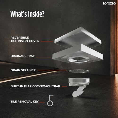 Image of Lorazzo Linea Tile-Insert Shower Drain Channel 5x5 Inch | Built-in Cockroach Trap | SS304 Stainless Steel | Silver Finish | Bathroom Shower Floor Drain | 10 Year Warranty