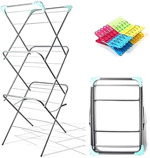 EPISENT 3 Tier Indoor/Outdoor Airer - FREE 20 Pcs Pegs - 12M Drying Space - Laundry Rack, Laundry Dryer - Foldable & Lightweight Clothes Airer - Corner knobs for extra hangers - Silver