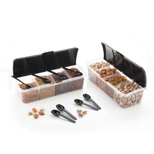 Image of Multipurpose 4 In 1 Masala Box for Kitchen, 4 Compartment Storage Container for Spices, Pickle, Dry Fruits,Grains, Snacks,1800 Ml Capacity with 4 Spoons (Black) (1)