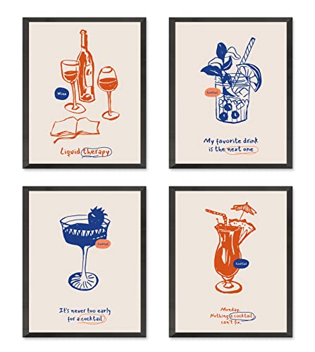 Cocktail Therapy Drinks Wall Art Prints with Slogans, Set of 4, Unframed, Funny Kitchen Photos, Alcohol Wall Art Decor Poster Sign, 5x7 Inches