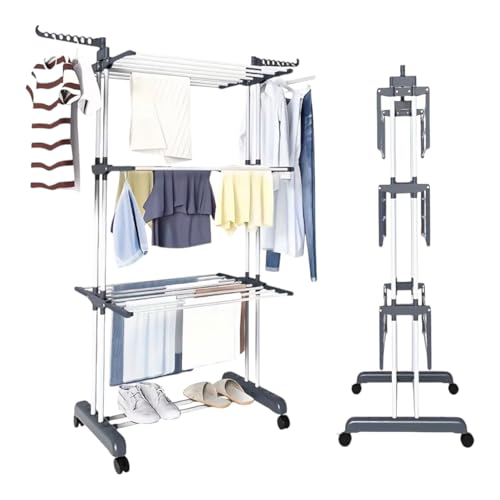 Mi Ko Mi Ka Tendedero Plegable de Acero Inoxidable para Ropa, 4 Niveles con Alas Laterales, 6 Bandejas Retráctiles, 35 kg de Capacidad, 4 Ruedas 360° y Diseño Plegable para Ahorrar Espacio (Gris)