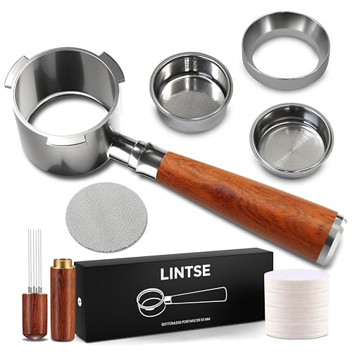 Lintse Portafiltro Sin Fondo 51mm Para Espresso Preciso, Compatible Con Portafiltro Delonghi Dedica, Incluye Kit Barista 51mm Para Una Preparación Más Consistente, Madera Palosanto Con Remate Metálico
