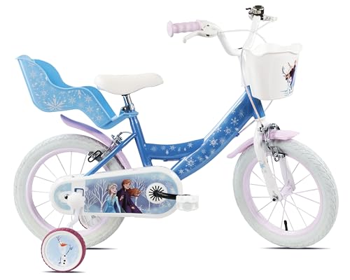 bicicletta prodotta in italia Denver Bike Bicicletta Bambina 14 Pollici Licensed Frozen, 3-5 Anni, Rotelle Removibili, Freni Caliper Anteriore/Posteriore, Telaio Acciaio, Ruote Gonfiabili, Trombetta e Portabambola