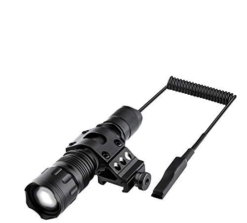 Megwoll Tactical Flashlight 1200 Lumens Zoomable Super Bright 5 Modes LED Light with Offset Picatinny Rail Mount and Rechargeable Battery & Remote Pressure Switch for Outdoor Hunting Hiking