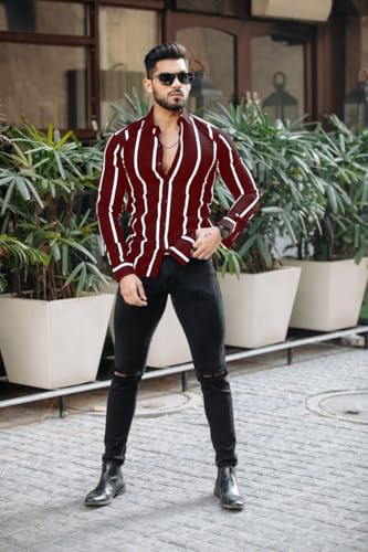 Image of MiraMichi Men's Striped Slim Fit Lycra Shirt | Full Sleeve Stretchable Shirt | Trendy Black and White Vertical Stripes for Casual