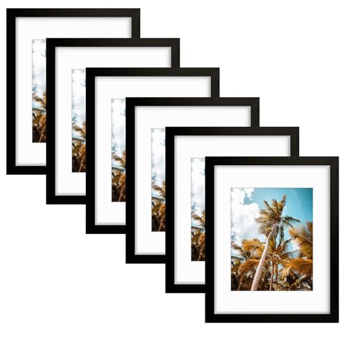 Image of Frametory, 11x14 Picture Frame - Display 8x10 Photo with Mat - Wide Molding - Preinstalled Wall Mounting Hardware (Black, 6-Pack)