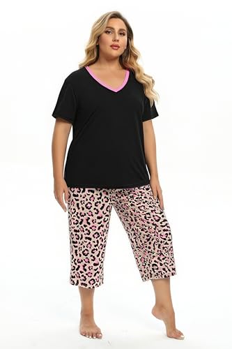 Image of Vozanet Women's Pajamas Set Soft V Neck Sleepwear Top and Capri Pj Lounge Sets Cartoon Heart Shape Cat Nighty Plus Size