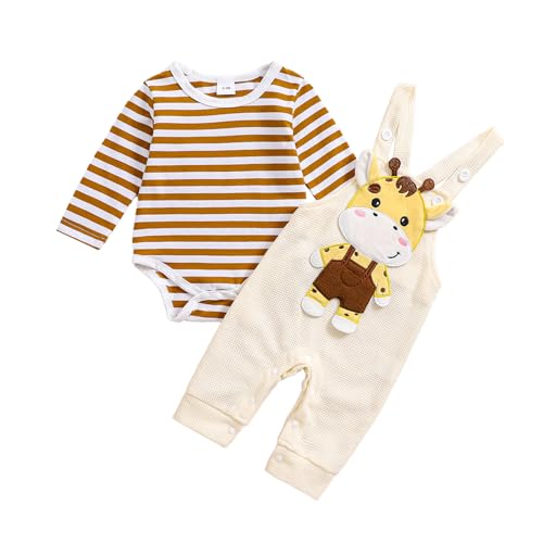 Himllauen Baby Jungen Kleidung Strampler Latzhose Set Bekleidungssets für Jungen Baby Set Neugeborene Geschenk (D Braun Giraffe, 3-6 Months)