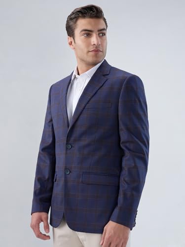 Image of Park Avenue Men Regular Fit Checks Pattern Poly Viscose Blend Notch Lapel Full Sleeve Formal Jacket