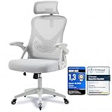 Ergoreal Ergonomischer Mesh‑Bürostuhl für Home Office, mit Verstellbarer Lendenstütze & 2D‑Kopfstütze, klappbare Armlehnen, leise PU‑Rollen, stabile Gasfeder Klasse 3, bis 150 kg(grauweiß)