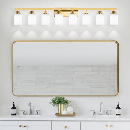 Image of 8-Light Gold Bathroom Light Fixtures Bathroom Vanity Light 52in | White Frosted Ribbed Glass Shade Modern Vanity Light over Mirror Gold Wall Lamp Sconces for Mirror Bedroom E26 Base