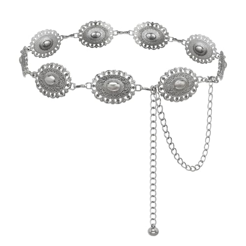Western Concho Chain Belt for Women Boho Metal Belts For Country Concert Dresses Jeans Cowgirl Vintage Waist Belt