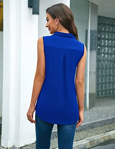 Bulotus Tunic Tank Tops For Women Loose Fit, Sleeveless Tunic Tops For Leggings For Women V Neck Collared Fashion Shirts And Blouses For Women Business Casual Summer Blouses, Blue, Large #TOP3