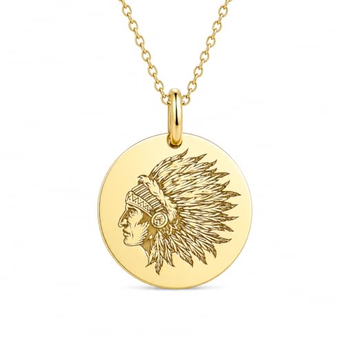 DANELIAN 14K Solid Gold Tribal Chief Necklace – Feather Headdress Medallion – Heritage Inspired Coin Jewelry – Cultural Symbol Statement Charm - Native American Head Pendant